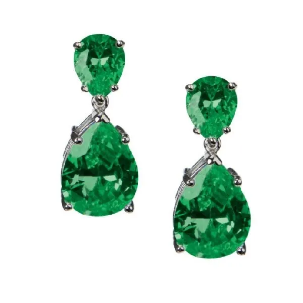 6CTTW double pear cubic zirconia drop earrings. Pierced ear set in rhodium-plated brass.