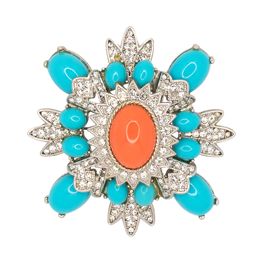 Silver crystal small turquoise and coral center cabochon cluster pin.