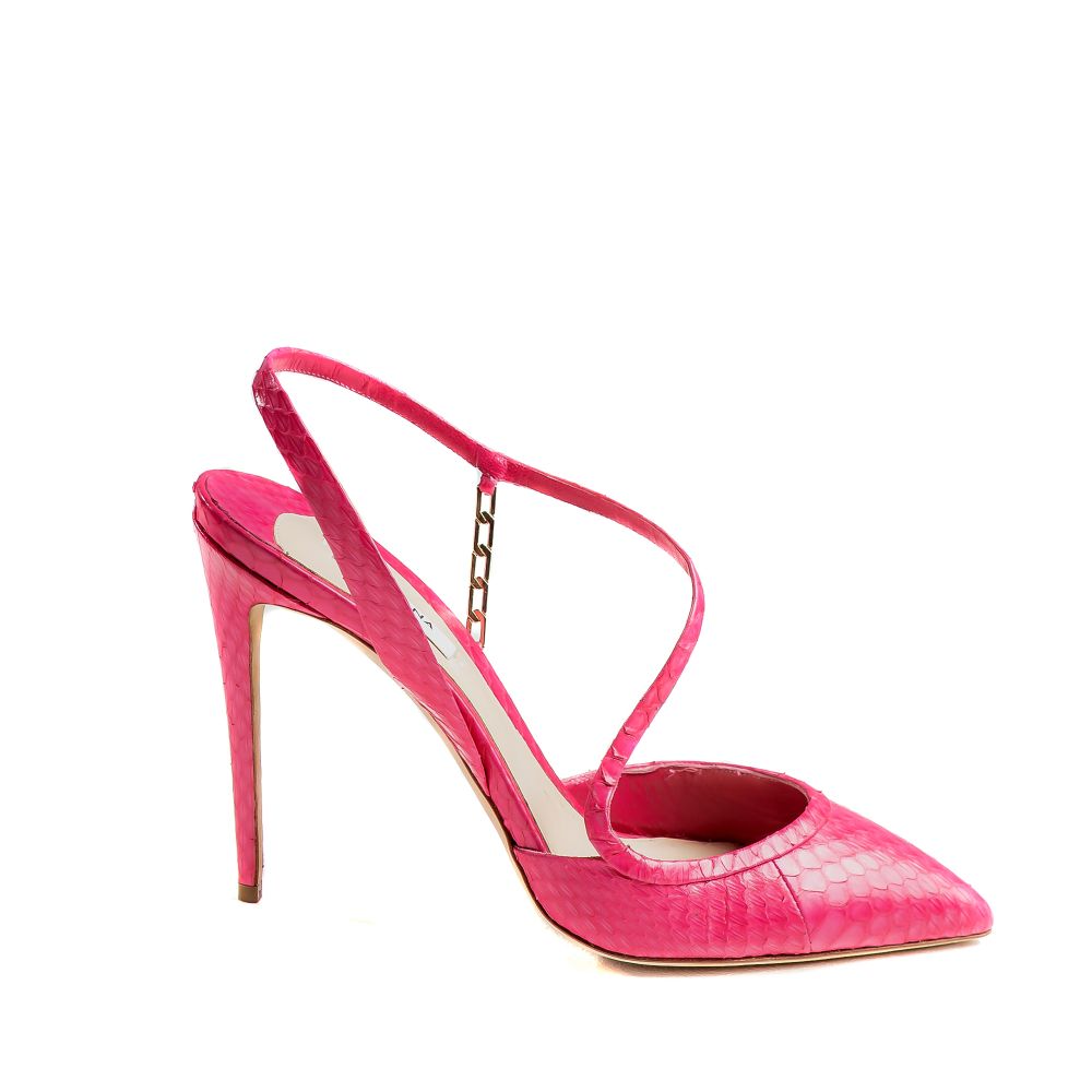 An elegant mid-heel pump in fuchsia watersnake designed to instantly elevate your look. 