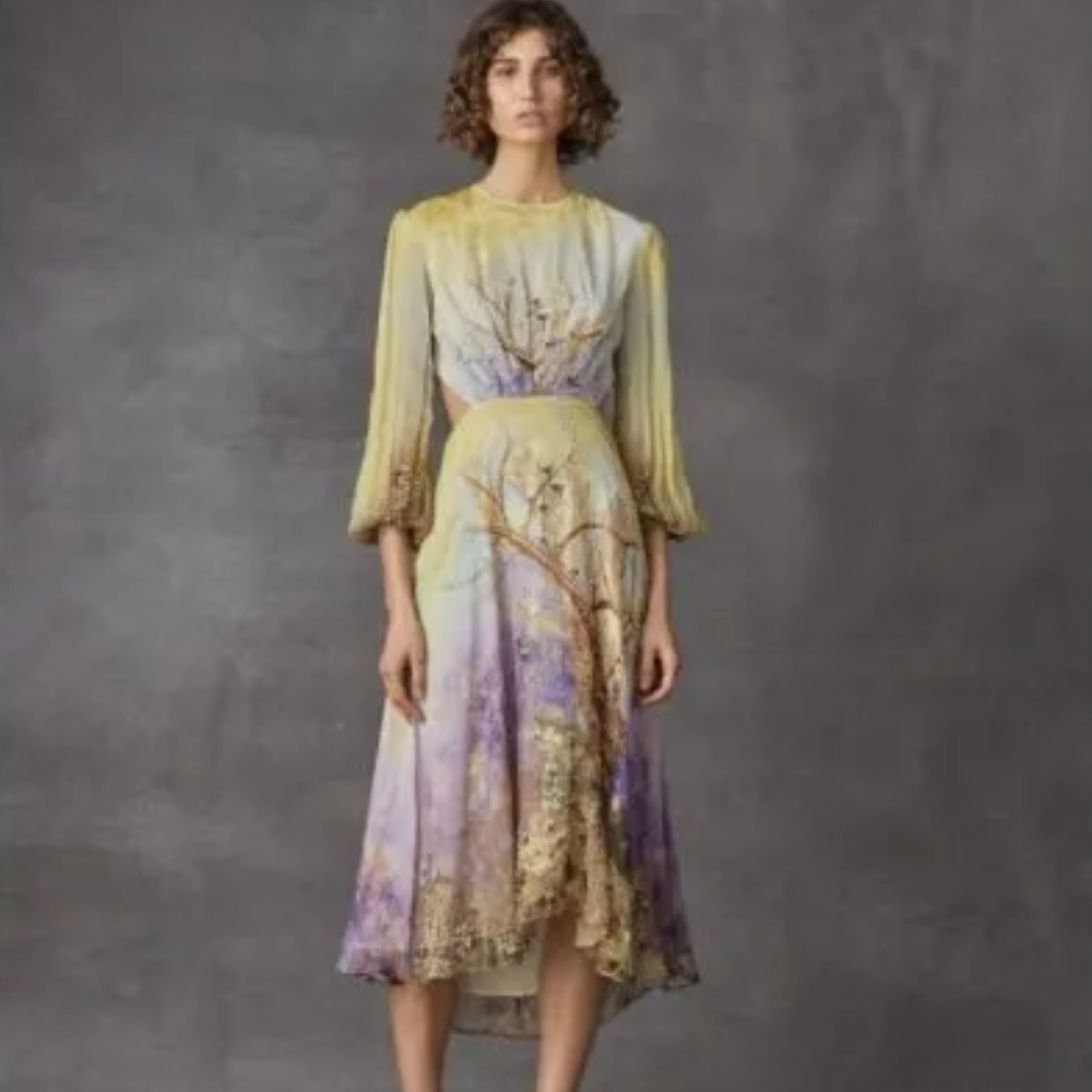 Leo And Lin's Soft Cotton Printed Dress Features Layered Ruffle Sleeves, Clinched At The Waistline And Long Length.