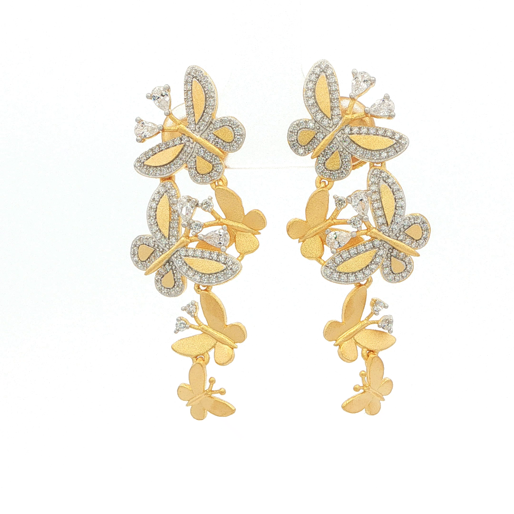Shop online premium 18K gold butterfly shoulder duster earrings with sparkling cubic zirconia stones.