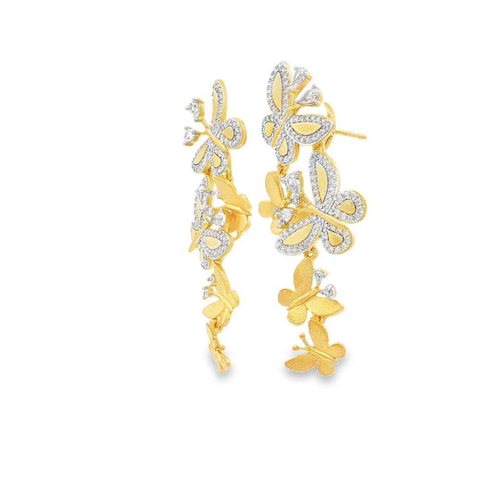 Shop online premium 18K gold-dipped butterfly shoulder duster earrings with dazzling cubic zirconia stones for an elegant statement look.