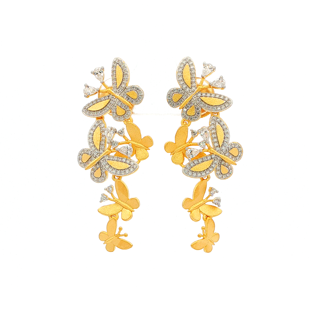 Shop online premium 18K gold-dipped butterfly shoulder duster earrings with dazzling cubic zirconia stones for an elegant statement look.