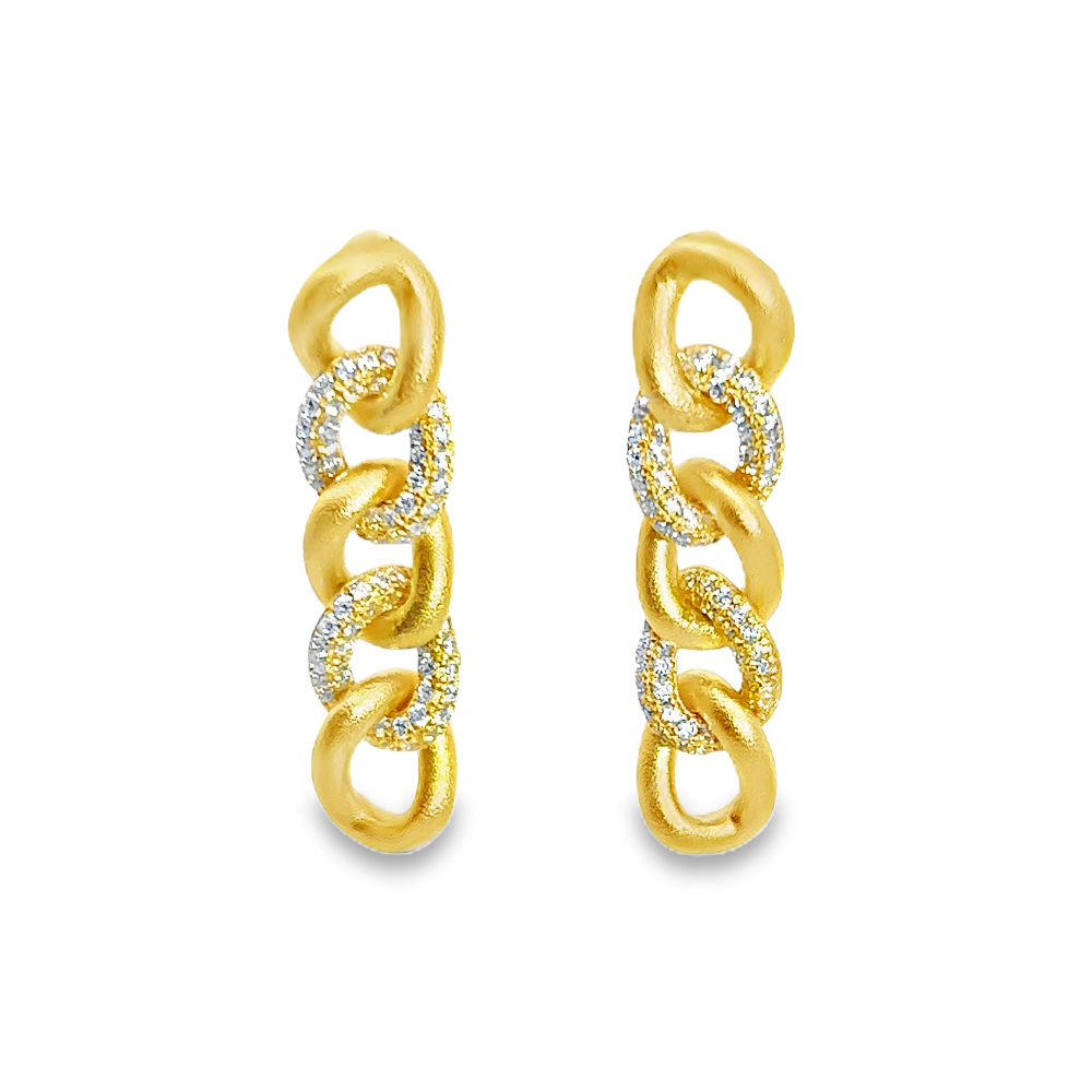 Shop online premium 18K gold Cuban chain earrings with sparkling cubic zirconia stones.