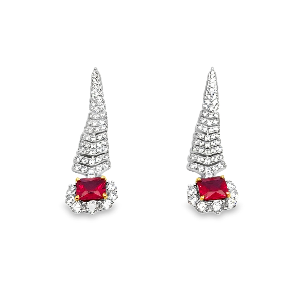 Shop online premium rhodium plated ruby shoulder duster earrings with sparkling cubic zirconia stones.