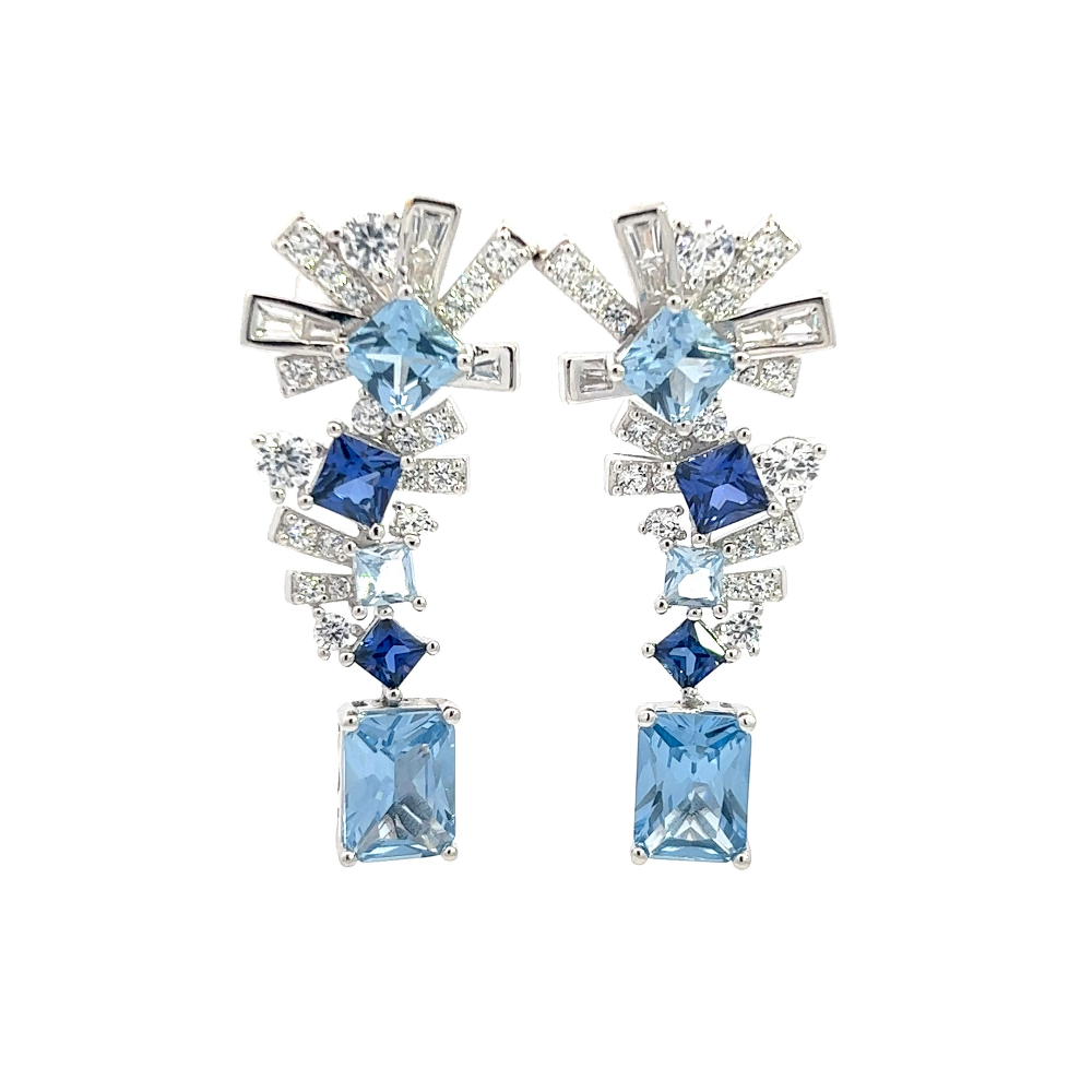 Shop online premium rhodium plated spinel and blue sapphire earrings with CZ stones.