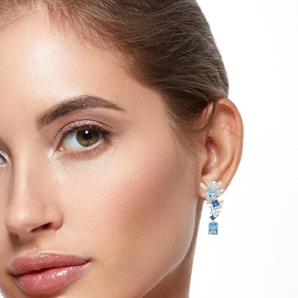 Shop online premium rhodium plated spinel and blue sapphire earrings with CZ stones.