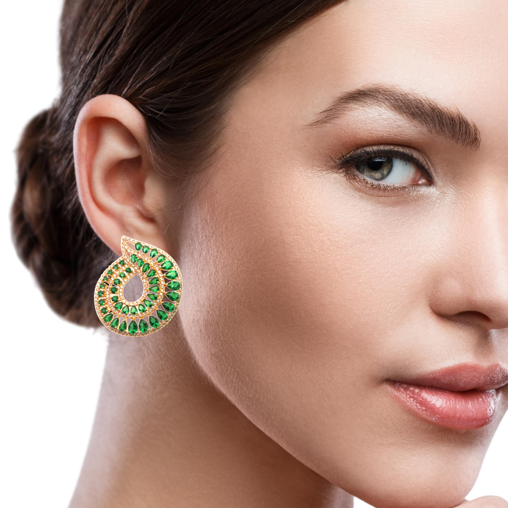 Shop online premium 18K gold emerald earrings with sparkling cubic zirconia stones.
