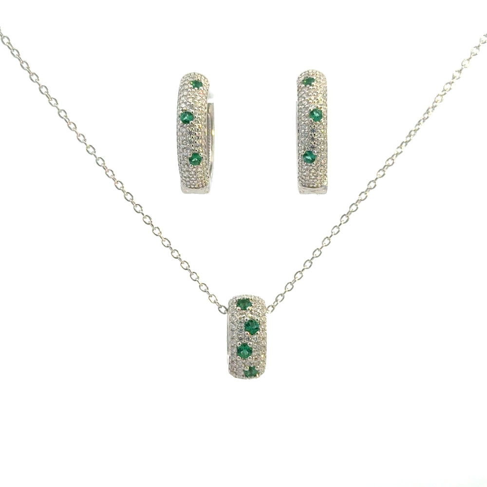 Shop sterling silver emerald huggie earrings featuring lab-created emeralds, sparkling cubic zirconia, and an elegant oval pavé design.
