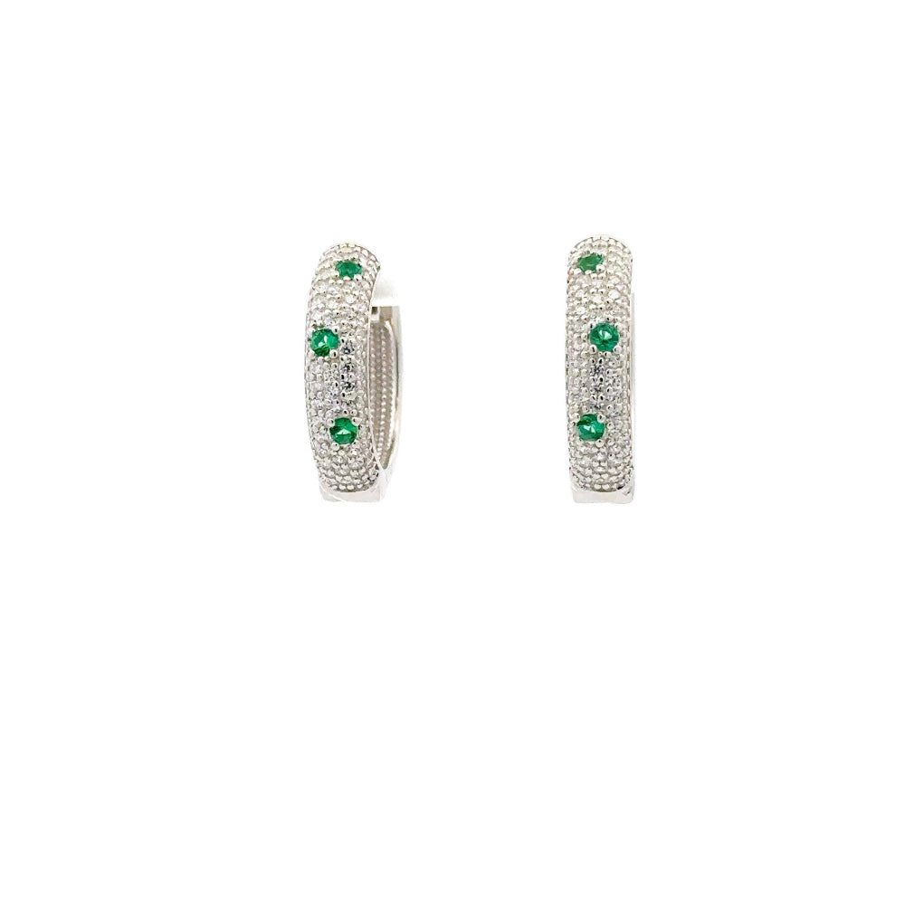 Shop sterling silver emerald huggie earrings featuring lab-created emeralds, sparkling cubic zirconia, and an elegant oval pavé design.