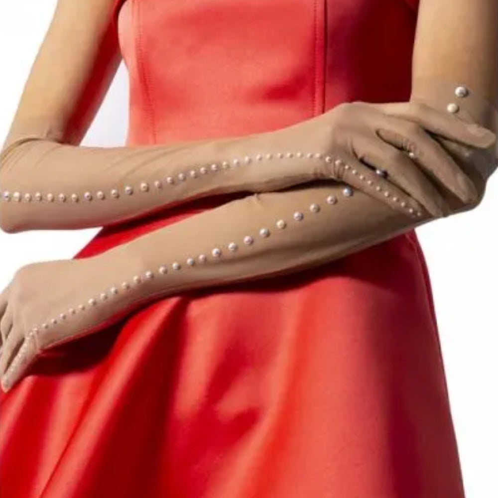 Beige long gloves from stretch net with ceramic pearls. 