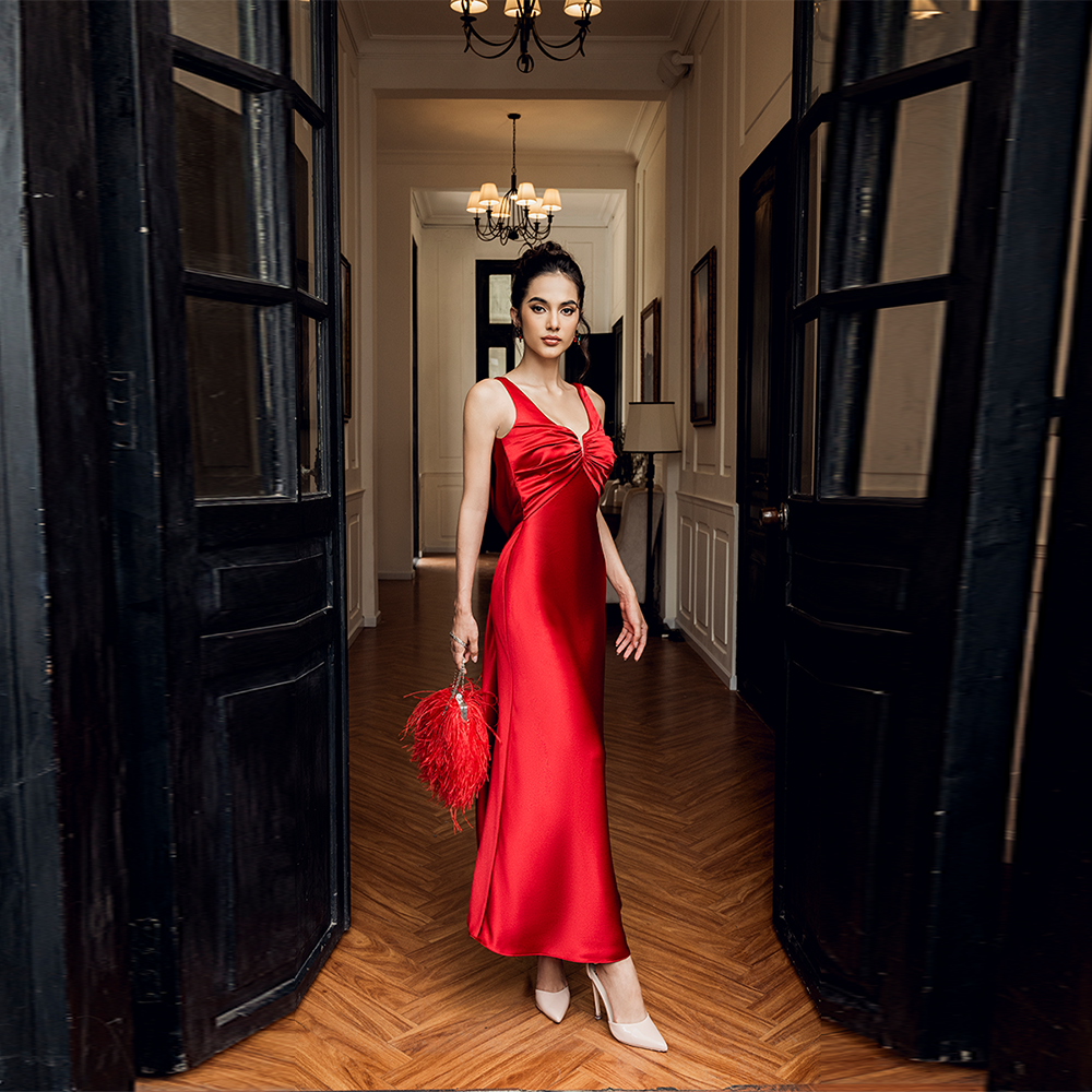 Elegant backless red silk dress features a sleek, figure-hugging design perfect for any occasion. Shop dress online to add luxury to your wardrobe!