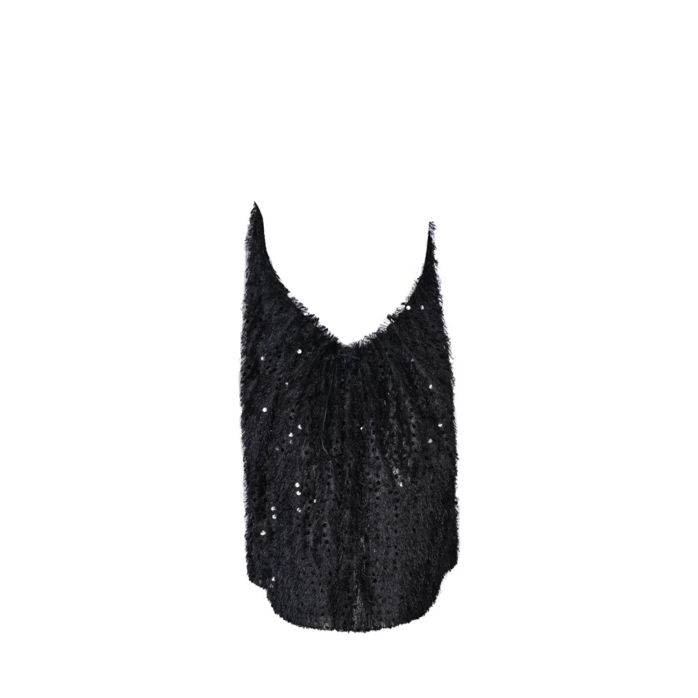 The Sunbeam Dress is a captivating mini dress made from sequined and tasseled black fabric. 