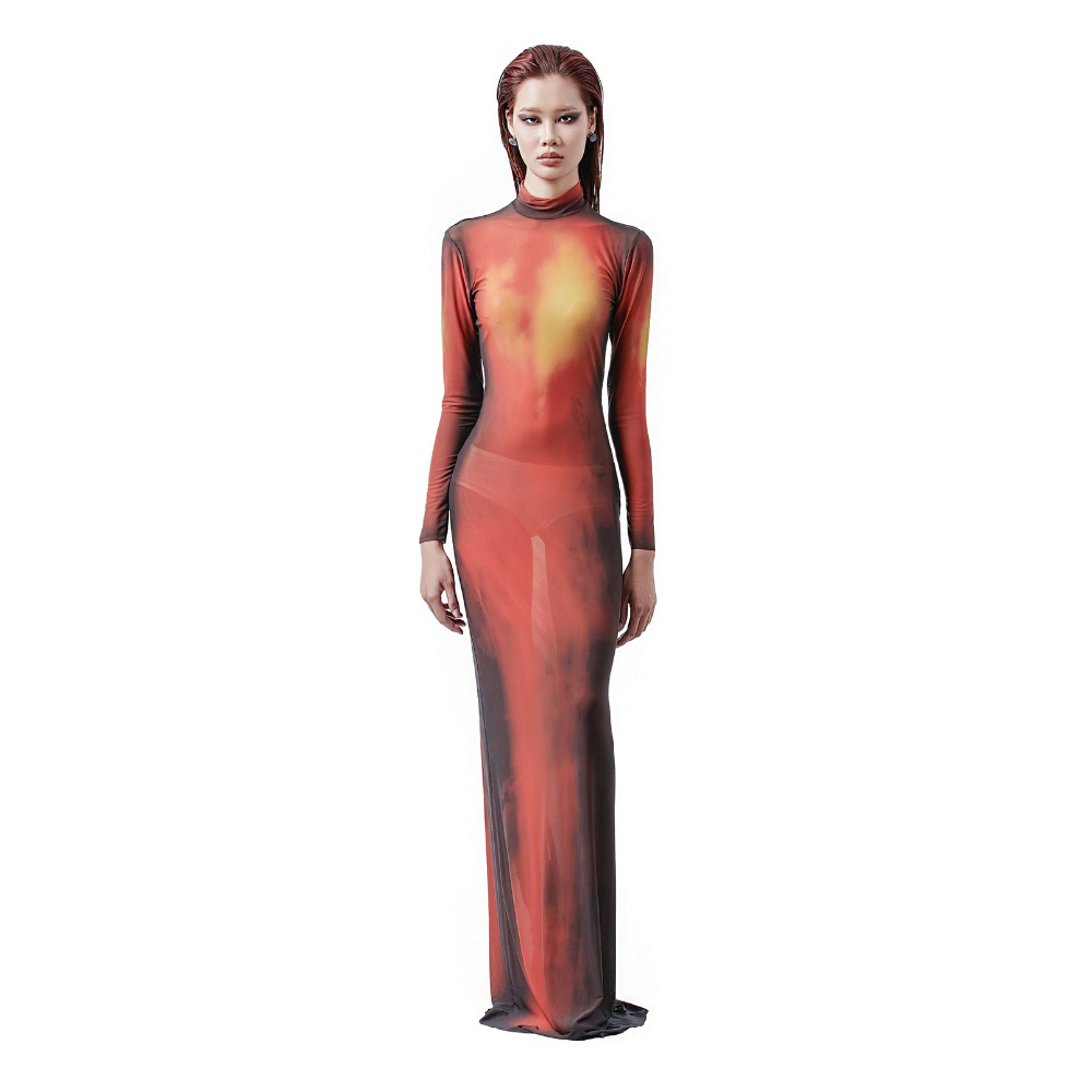 A high-neck, long-sleeved dress made of polyester featuring a form-fitting silhouette with a solid sunburn-inspired print. 