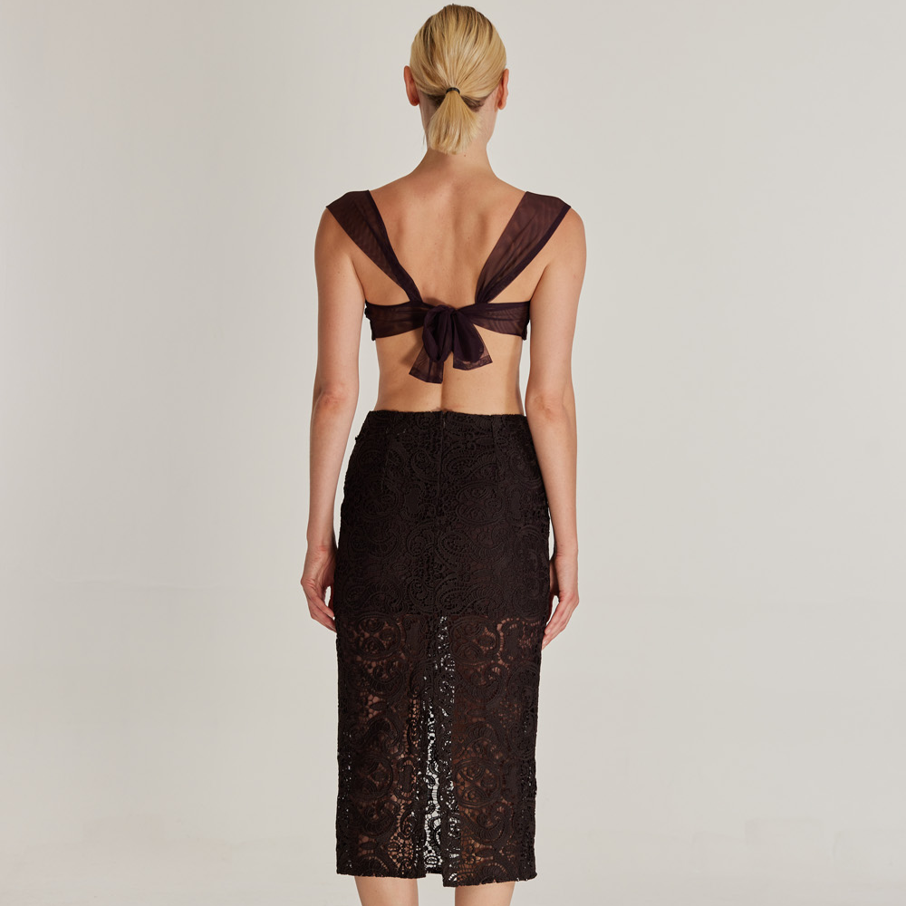 Introducing Sunfire, a high-waisted pencil skirt and minimal bustier set. This set features a rich brown lace fabric.