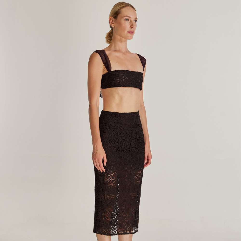 Introducing Sunfire, a high-waisted pencil skirt and minimal bustier set. This set features a rich brown lace fabric.