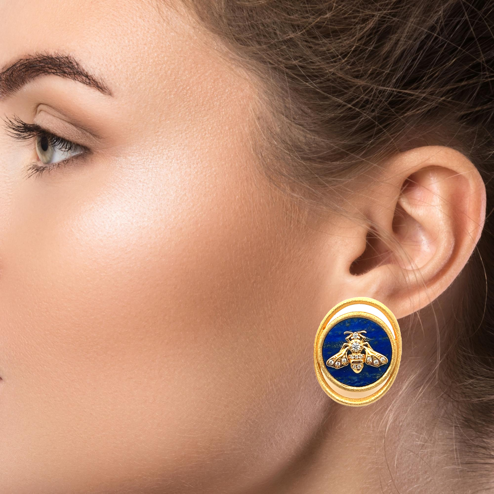 Shop online premium 18K gold vintage lapis lazuli earrings with sparkling CZ accents.