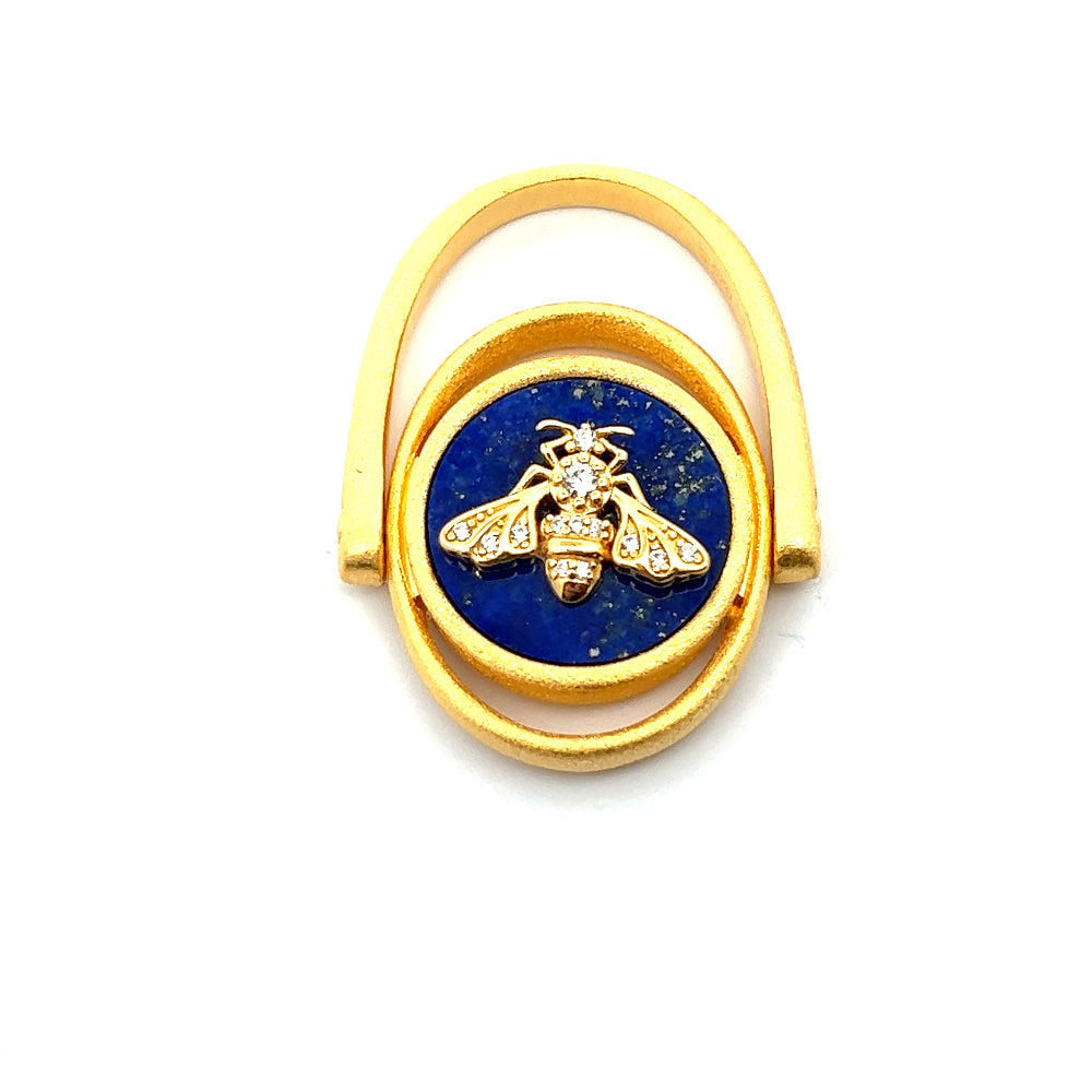 Shop online premium 18K gold-dipped lapis lazuli ring with bee emblem & cubic zirconia detailing.