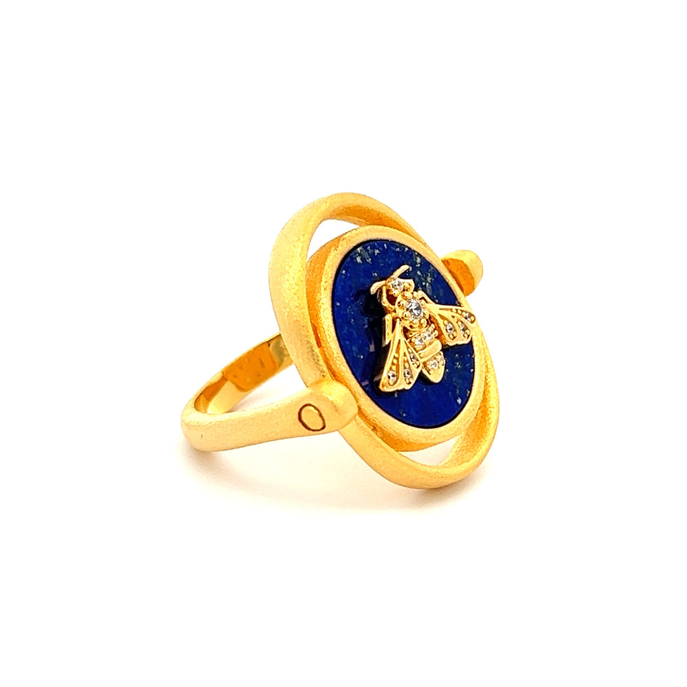 Shop online premium 18K gold-dipped lapis lazuli ring with bee emblem & cubic zirconia detailing.