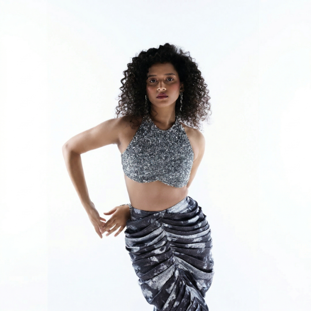 Sequin co-ord set with halter crop top and ruched skirt, perfect for parties and events. Shop online from our exclusive collection of premium party wear styles.