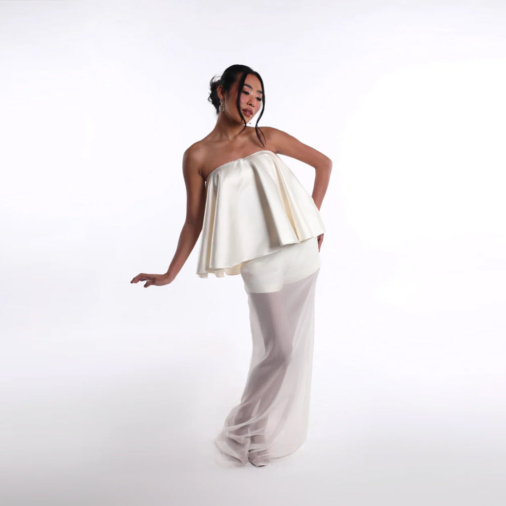 Strapless satin top with sheer skirt, perfect for events. Shop online from our curated edit of premium fashion.