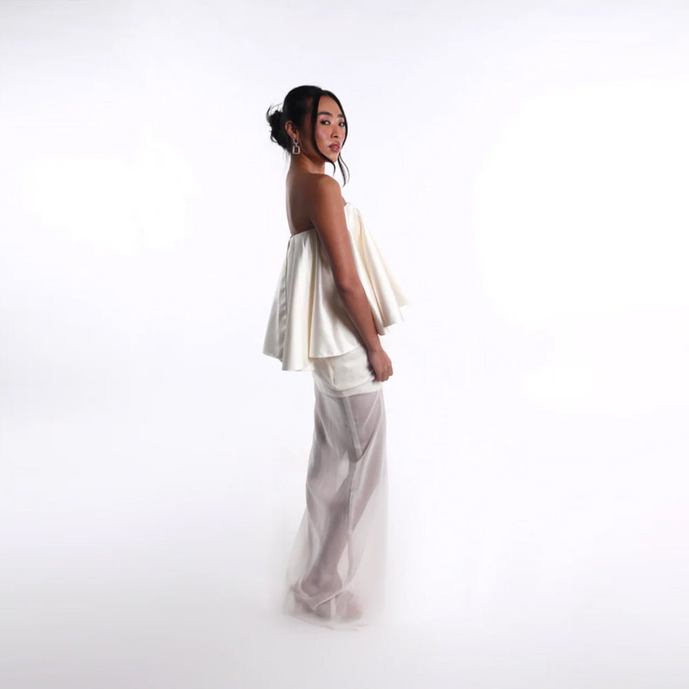 Strapless satin top with sheer skirt, perfect for events. Shop online from our curated edit of premium fashion.
