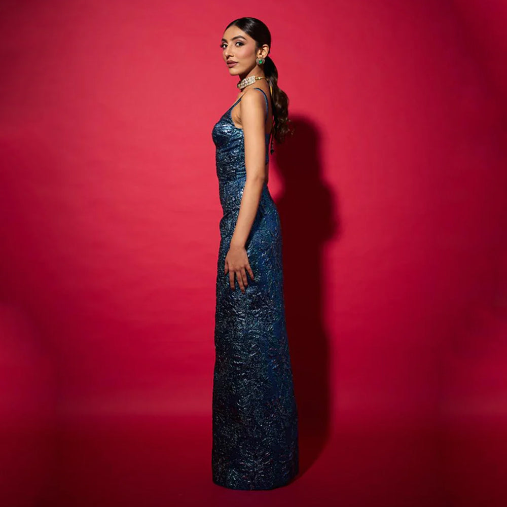 Electric blue jacquard dress with elegant silhouette, perfect for galas and weddings. Shop online from our curated edit of premium fashion.