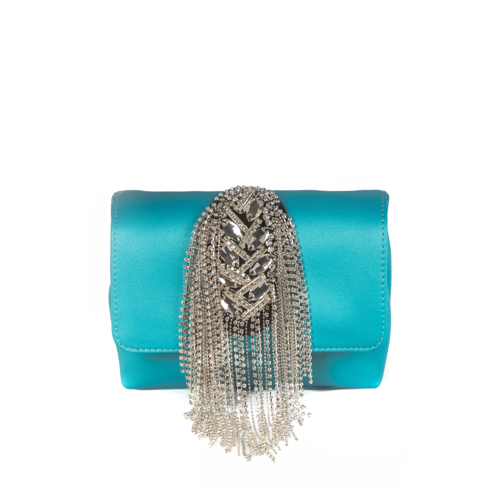 Add instant glamour to any occasion with our convertible clutch bag in turquoise satin. 