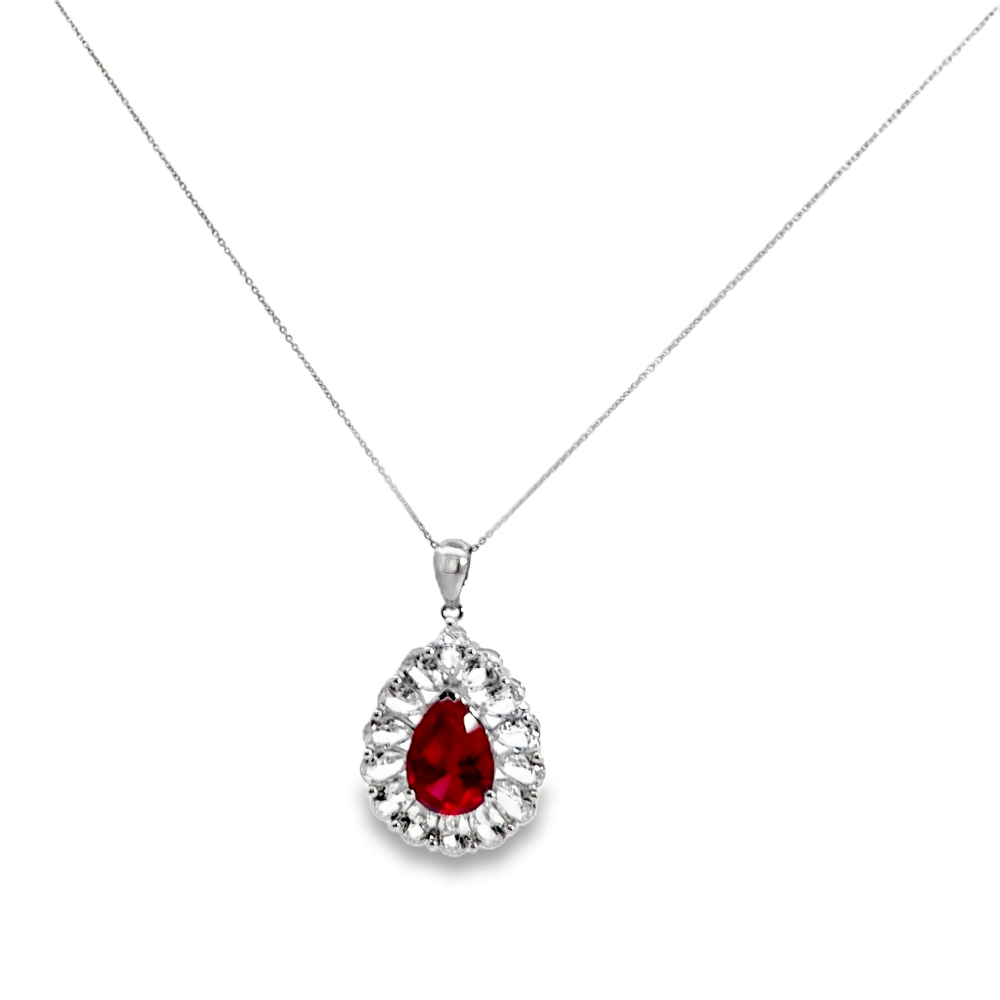 Shop online premium sterling silver tear drop ruby pendant necklace with elegant zirconia detailing.