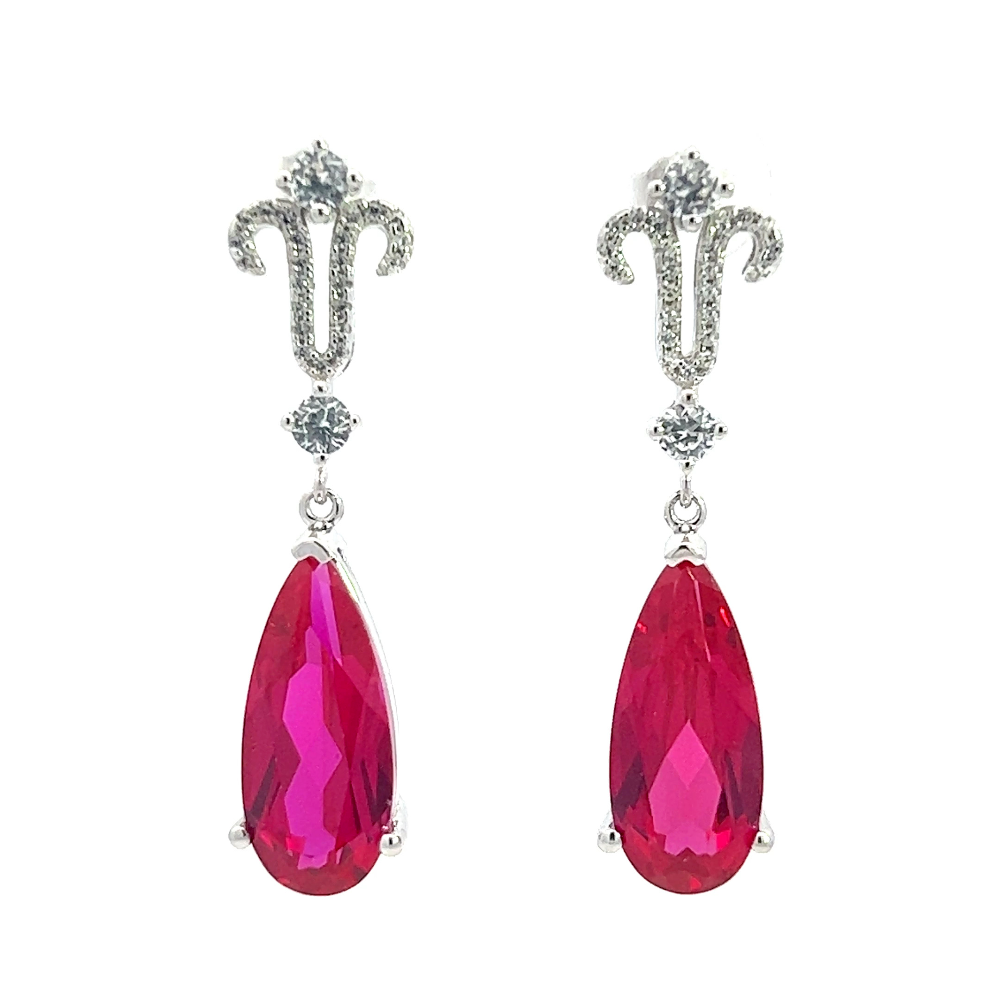 Shop online premium rhodium plated ruby teardrop dangle earrings with sparkling white sapphire stones.