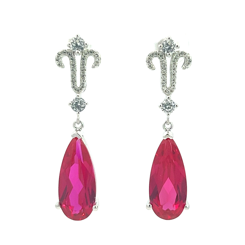 Shop online premium rhodium plated ruby teardrop dangle earrings with sparkling white sapphire stones.