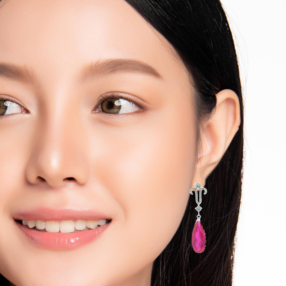 Shop online premium rhodium plated ruby teardrop dangle earrings with sparkling white sapphire stones.