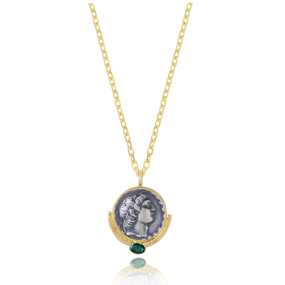 Explore the exclusive jewellery collection for women with The Alexander Coin Pendant with 22K Gold Vermeil cast & an Emerald gemstone. Shop Now!