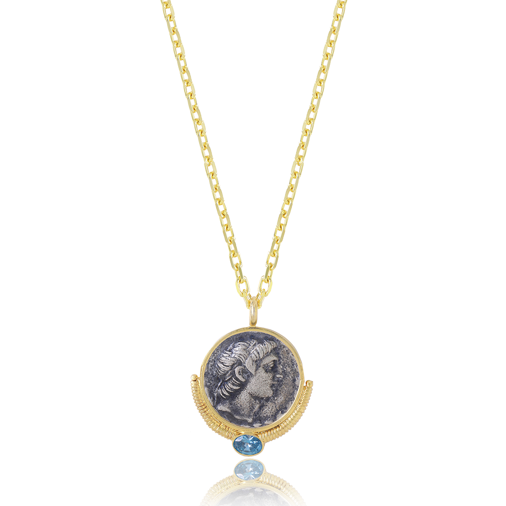 Explore our latest women's jewellery collection with The Alexander Coin pendant with 22K Gold Vermeil cast & an Aquamarine gemstone. Shop now!