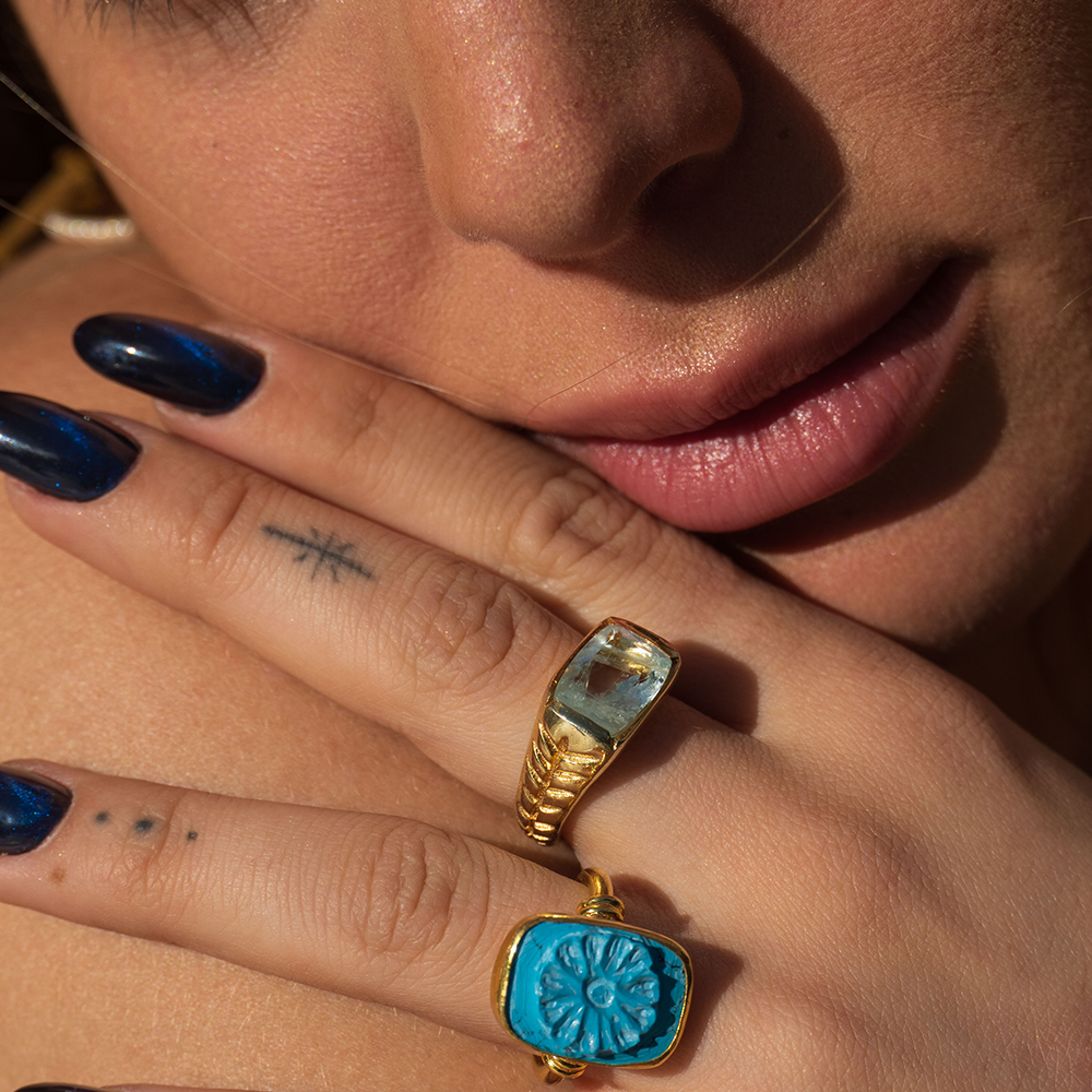 The Anuket Ring is hand sculpted with 22K Gold Vermeil and Aquamarine gemstone. Get this exclusive piece from our curation of rings for women. Shop now!