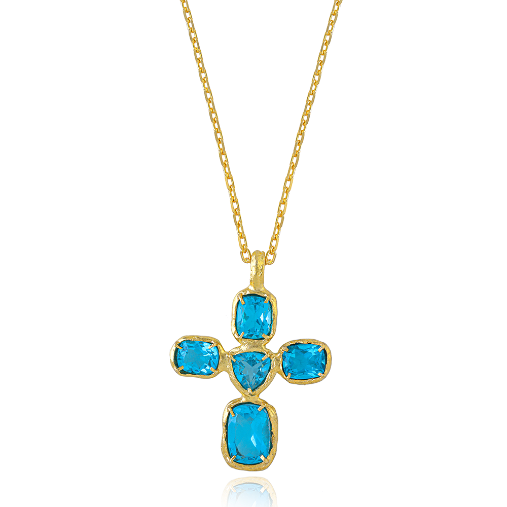 Aurora Cross: The combination of 22K Gold Vermeil & 5 hand-selected Blue Topaz gemstones. Shop this classic design online at The Luxe Maison. Shop now!