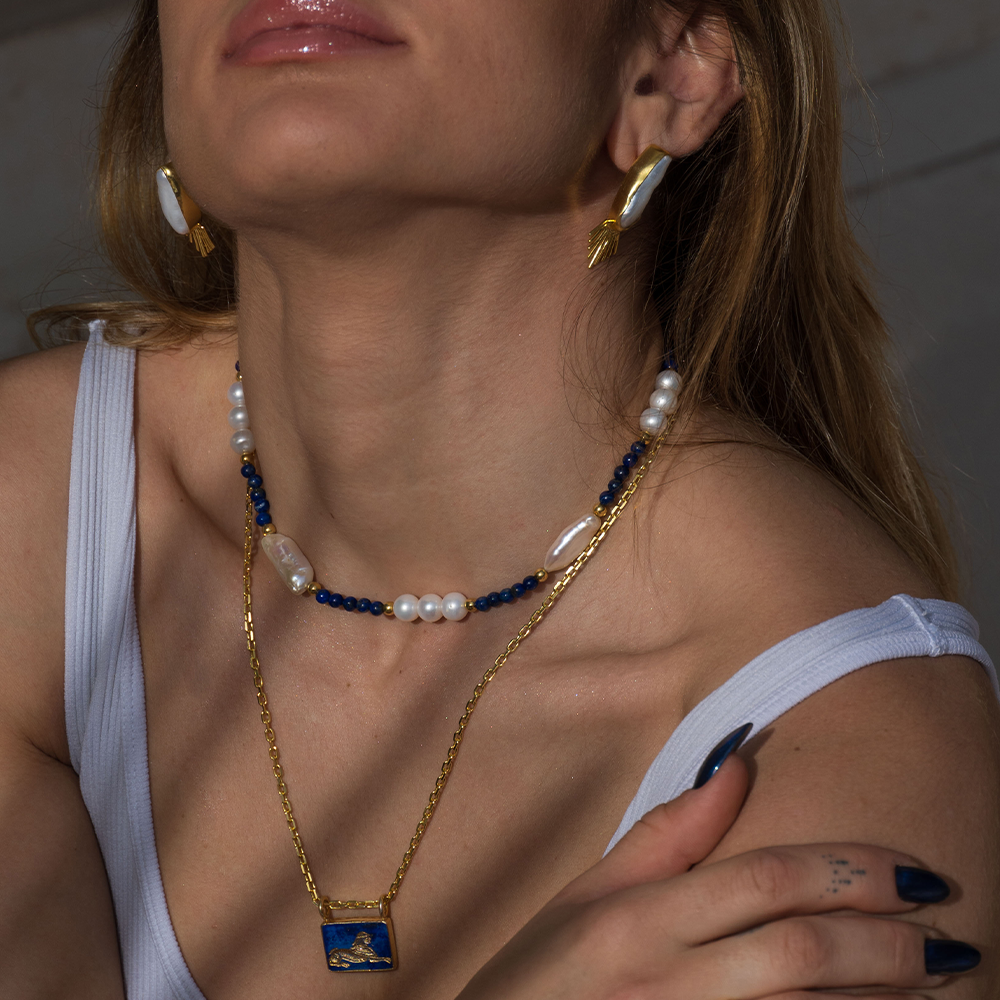 Birth of Venus Necklace combines charming Lapis Lazuli beaded gemstones with 22K Gold Vermeil beads. Shop at The Luxe Maison store online. Shop now!