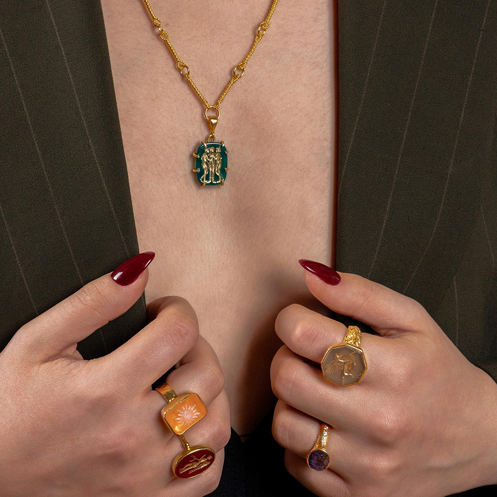 Shop The Charites Pendant featuring hand-sculpted intaglio on green carnelian in 22K Gold Vermeil. Exclusively available necklaces for women. Shop now!