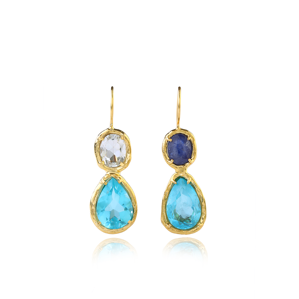 The Drop Earrings with 22K Gold Vermeil surrounding drop-shaped Blue Topaz with Tanzanite & Zircon attached is exclusively on Luxe Maison. Shop now!