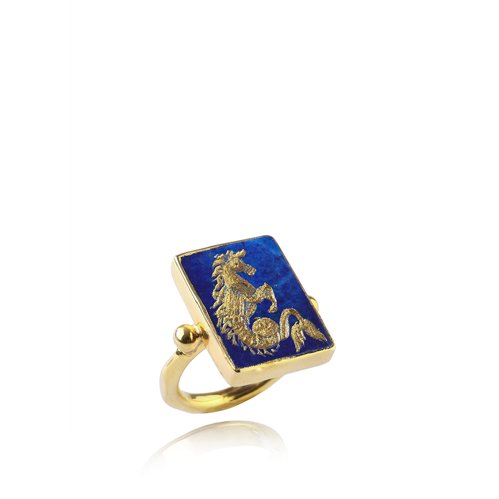 Hippocampus Ring is meticulously hand sculpted with luminous 22K Gold Vermeil and Lapis Lazuli gemstone. Buy this alluring jewellery piece. Shop now!