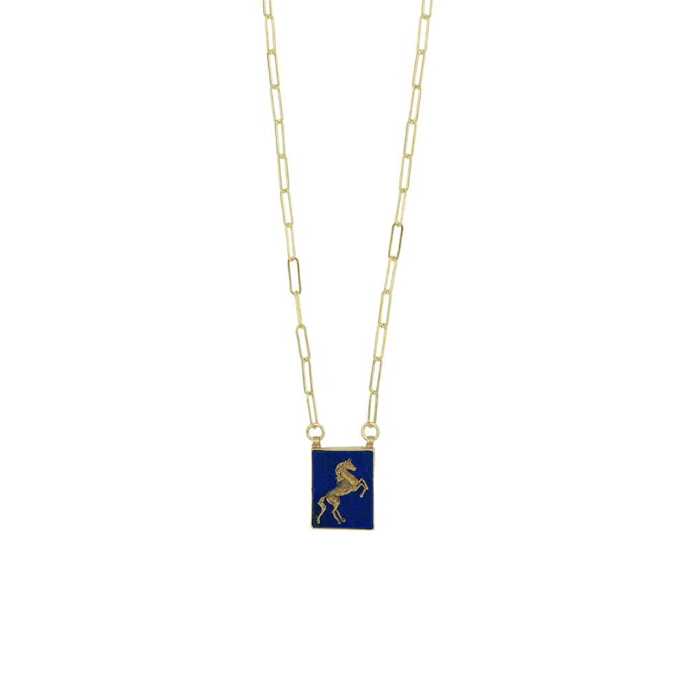 The Horse Necklace-Striking horse intaglio on lapis lazuli pendant symbolizes strength & freedom. Explore elegant accessories for women. Shop now!