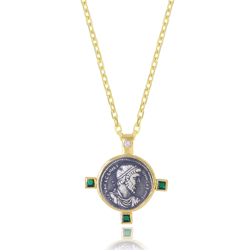 Get the Julian II "the Apostate" Coin Pendant- a hand-sculpted 22K Gold Vermeil cast with 3 Root Emerald accents jewellery necklace online. Shop now!