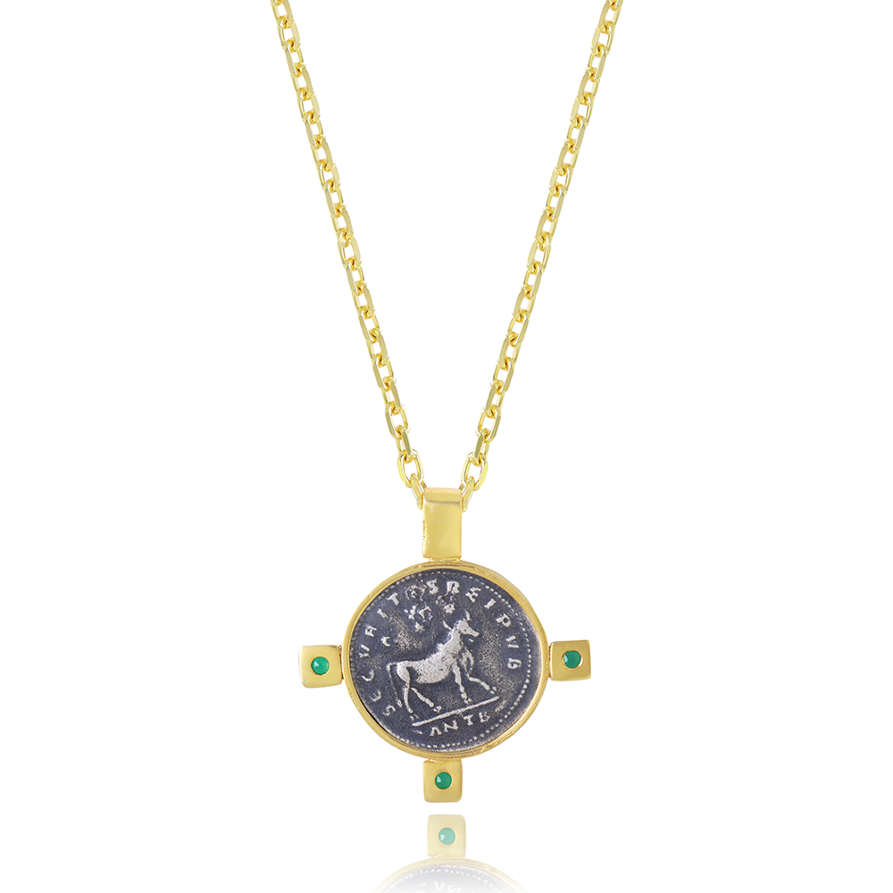 Get the Julian II "the Apostate" Coin Pendant- a hand-sculpted 22K Gold Vermeil cast with 3 Root Emerald accents jewellery necklace online. Shop now!