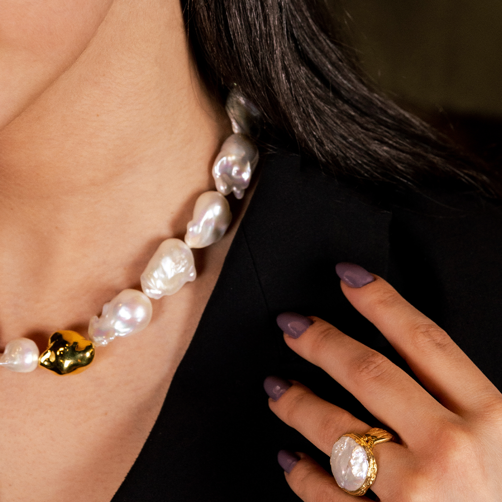 Embrace divine imperfection with our Baroque Pearl Necklace, featuring a unique 22K Gold Vermeil pearl. Shop exquisite pearl necklace online. Shop now!