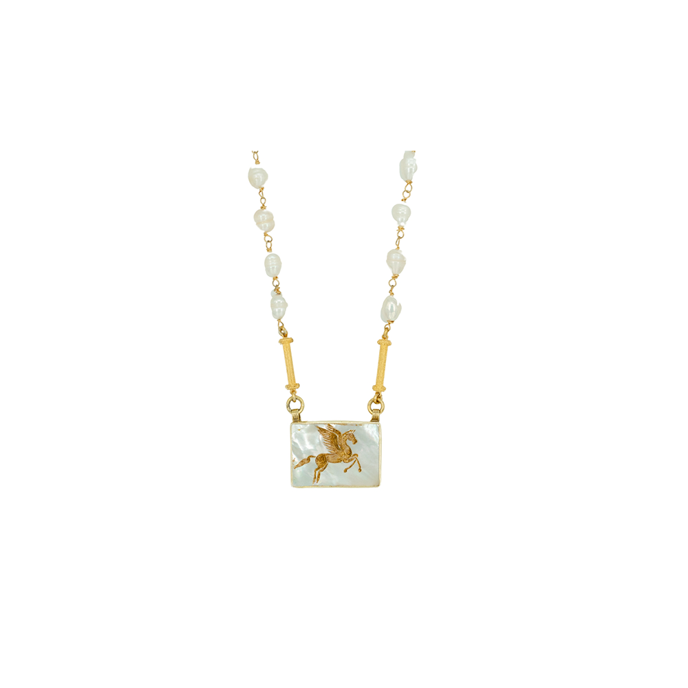 Pegasus Necklace in 22k gold vermeil exudes radiance while the handcrafted chain is adorned with sea pearls. Shop fine jewellery for women. Shop now!