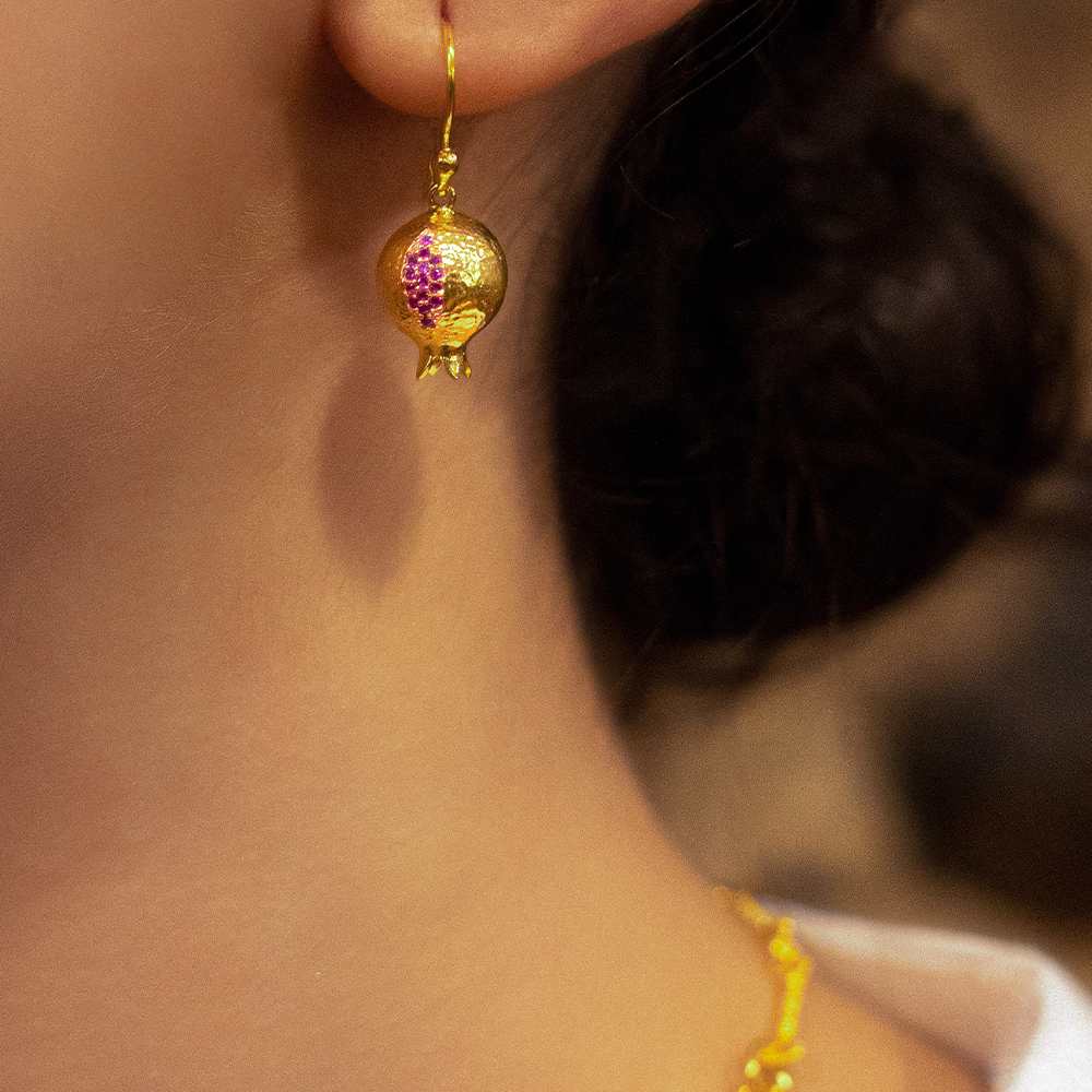 Shop the Pomona Earrings which are pomegranate shaped earrings with 22K Gold Vermeil & Red Garnet from our designer jewellery collection. Shop now!