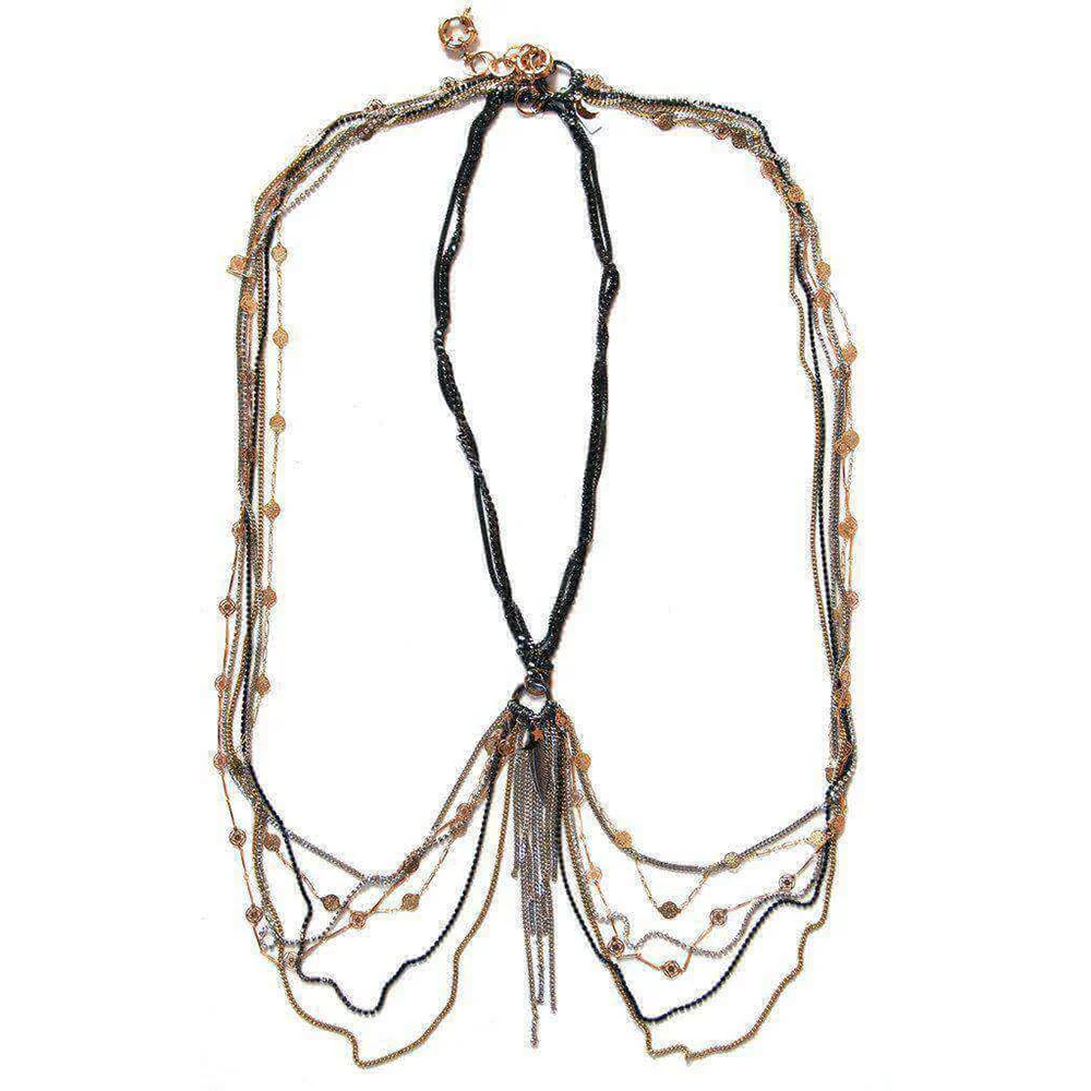 Multi chains necklace that becomes body jewelry or belt. Hand varnished and hand made. Hypoallergenic and made in Italy.