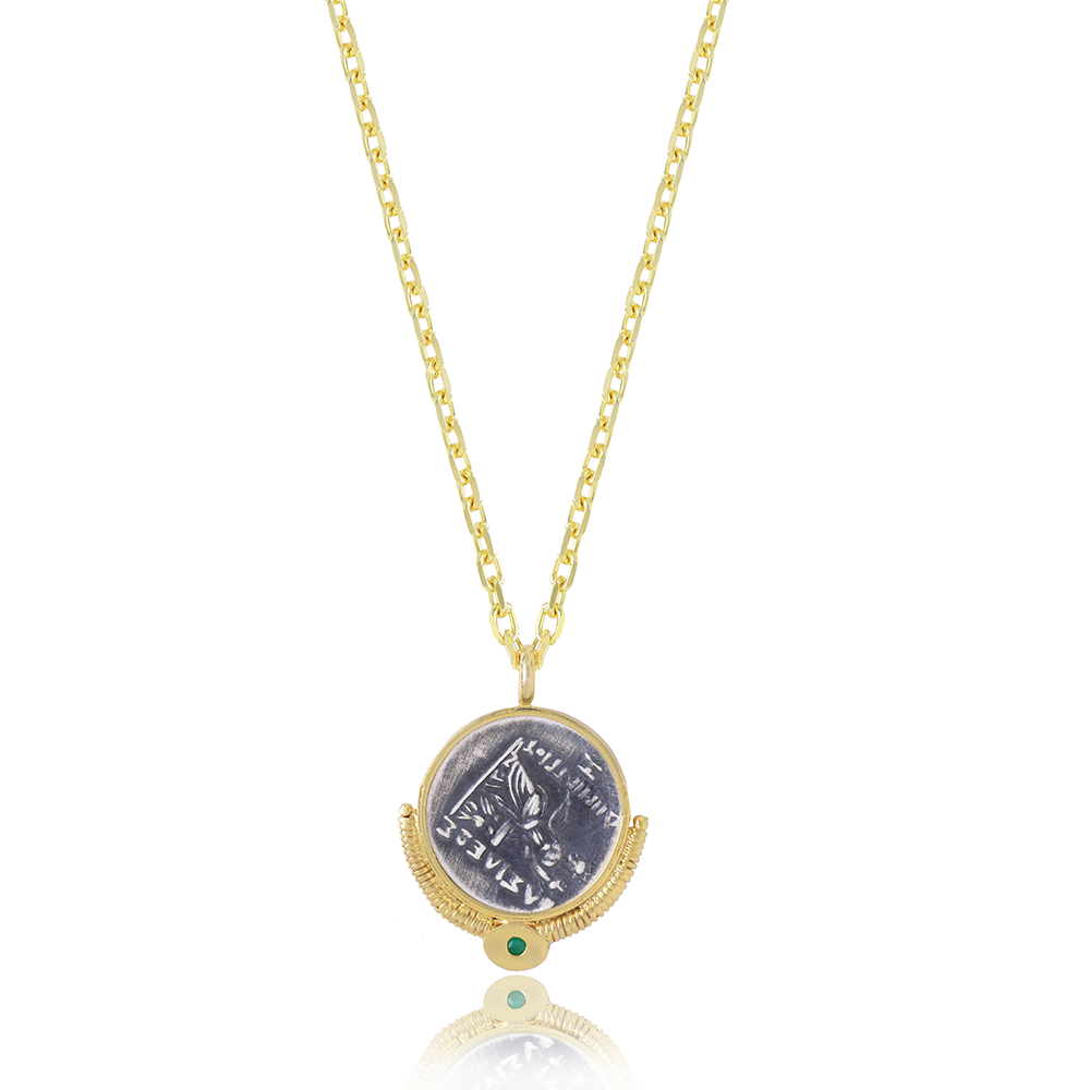 Explore the exclusive jewellery collection for women with The Alexander Coin Pendant with 22K Gold Vermeil cast & an Emerald gemstone. Shop Now!