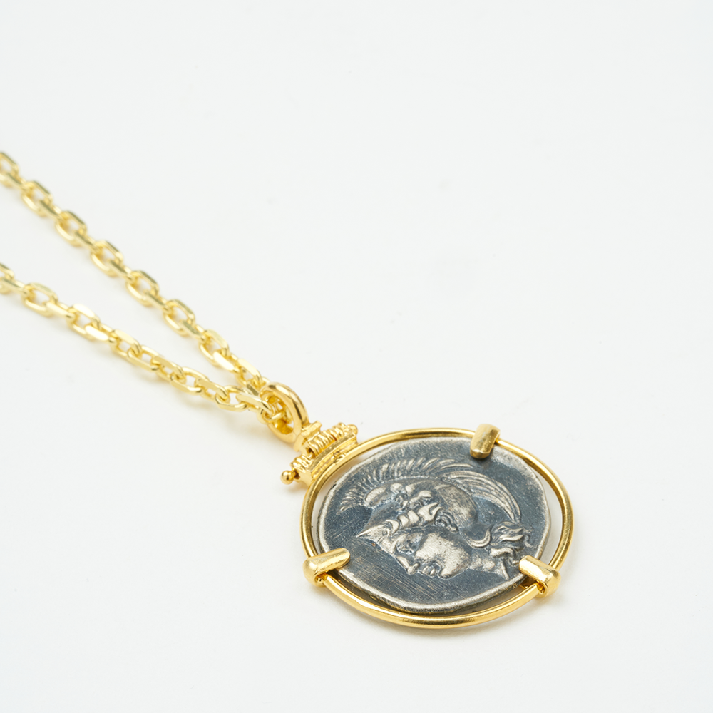 22K Gold Vermeil pendant with antique Greek coin imitation (300-280 BC). Explore antique jewellery online from our exclusive collection. Shop now!