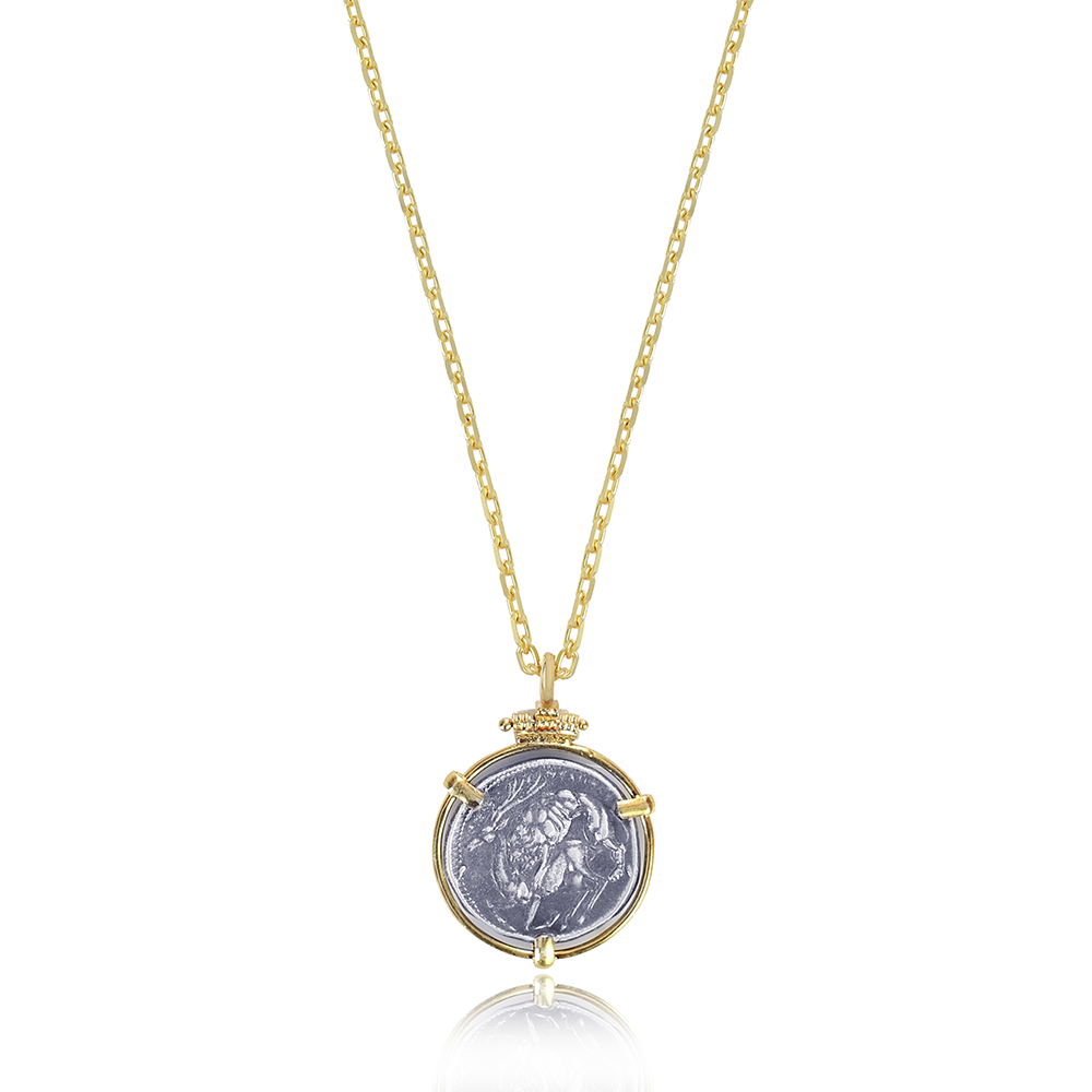 22K Gold Vermeil pendant with antique Greek coin imitation (300-280 BC). Explore antique jewellery online from our exclusive collection. Shop now!